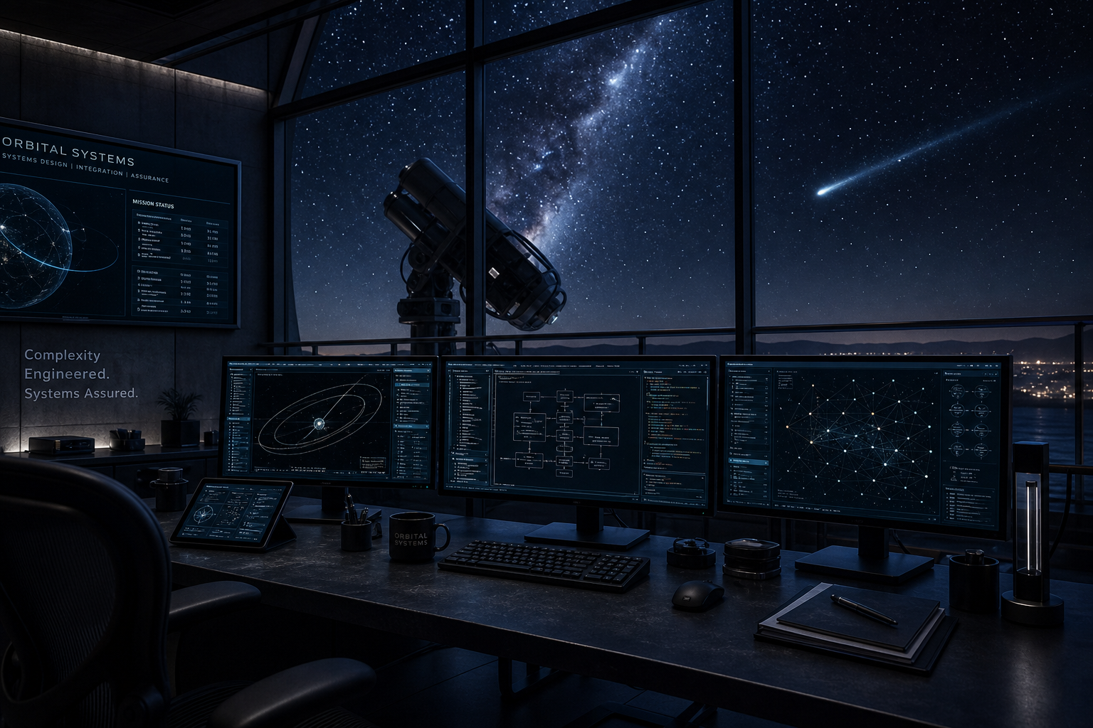 Observatory-style technology workspace with system architecture displays