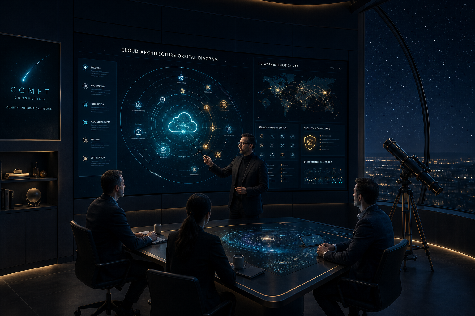 IT consulting services environment with cloud architecture displays